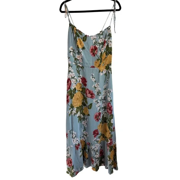 Reformation Enya Midi Dress Light Blue Floral Ruffle Hem Tie Strap Size 12 - Picture 2 of 12